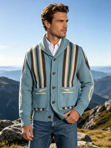 High-quality men's American vintage shawl collar cardigan featuring unique jacquard stripes