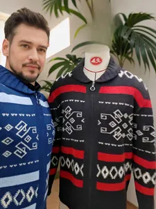 Stylish slim fit men's knitted cardigan jacket featuring geometric tribal patterns and zipper