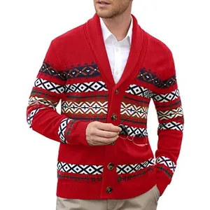 Men's vintage V-neck knitted cardigan sweater with red geometric pattern for winter
