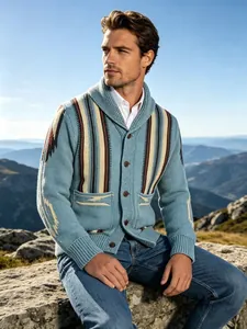 Detail shot of a men's retro shawl collar striped cardigan with blue knitted fabric