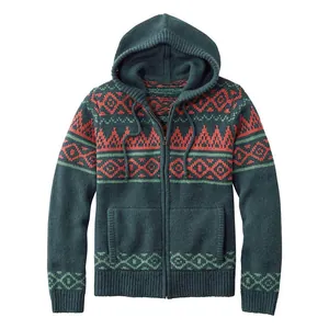 Cardigan con cappuccio in maglia da uomo in verde petrolio con motivi geometrici