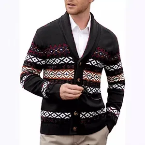 Vintage V-neck men's knit cardigan with ethnic geometric pattern for autumn and winter