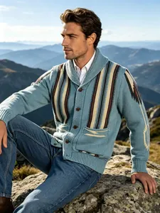 Close-up detail view of men's American retro shawl collar striped jacquard knit cardigan.