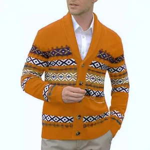 Vintage V-neck men's knit cardigan sweater with geometric patterns in mustard yellow
