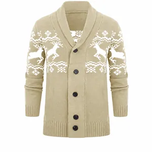 Cardigan in Maglia Jacquard Natalizio con Renne e Fiocchi di Neve da Uomo Vestibilità Slim Collo a Scialle Maglione Top
