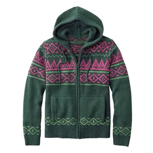 Cardigan da uomo in maglia verde con cappuccio, motivo geometrico rosa e cerniera.