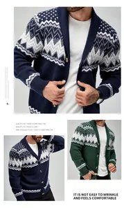Detailed view of mens Nordic pattern knitted cardigan with shawl collar and buttons