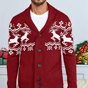 Cardigan natalizio da uomo rosso classico con motivi a renne bianche ricamate
