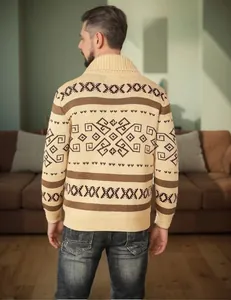 Back view of a men's slim fit knitted cardigan with ethnic geometric pattern and shawl collar