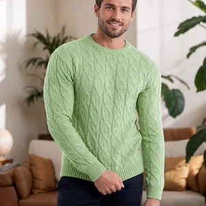 Men's stylish light green cable knit crew neck sweater with a comfortable classic fit