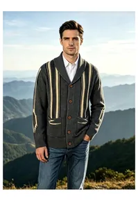 Men's vintage shawl collar knit cardigan with vertical stripes in a mountain setting