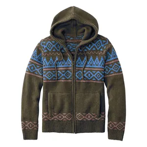 Giacca classica in maglia da uomo con cappuccio verde oliva e motivi geometrici