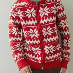 Men's vintage red zip-up cardigan with festive white snowflake knit patterns