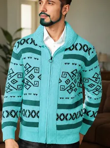 Close-up detail of men's light blue knit cardigan jacket with geometric pattern and front zip.
