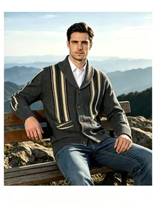 Close-up of vintage grey shawl collar cardigan with striped jacquard pattern for men.