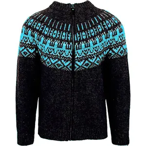 Men's casual slim fit zip-up knit sweater with bright blue geometric jacquard pattern