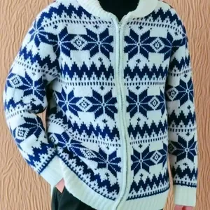 Retro men's loose knit cardigan with blue and white Nordic snowflake pattern design.