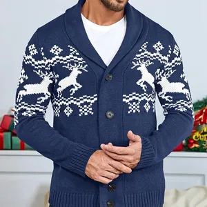 Cardigan in maglia da uomo blu navy con motivi natalizi di renne e fiocchi di neve