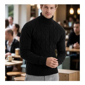 Classic men's black cable knit turtleneck sweater featuring a stylish high collar design
