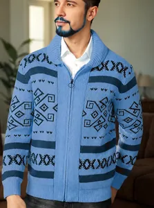Stylish men's zip-up knitted cardigan with blue geometric patterns and shawl collar.
