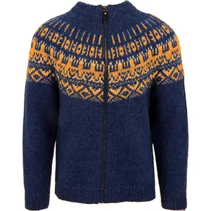 Men's navy blue zip-up sweater with orange Fair Isle pattern, slim fit knitwear