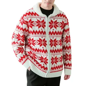 Men's Korean style retro knit cardigan with red snowflake pattern and zip-up front closure