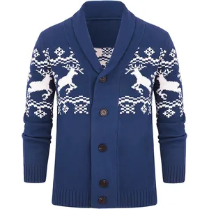 Cardigan da uomo con collo a scialle e motivo festivo di renne e fiocchi di neve.