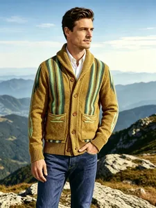 Men's vintage shawl collar striped cardigan presented in an outdoor mountain setting