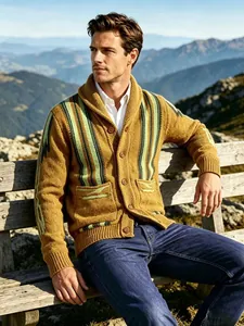 Men's retro shawl collar striped cardigan sweater in mustard yellow with jacquard pattern.