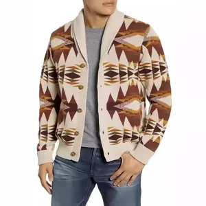 Herren Schalkragen Azteken Geometrische Strickjacke Lockere Passform Vintage Ethno Knopf Strickjacke Langarm Lässig Strickwaren Top