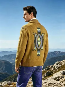 Back view of a men's retro shawl collar cardigan with geometric jacquard pattern