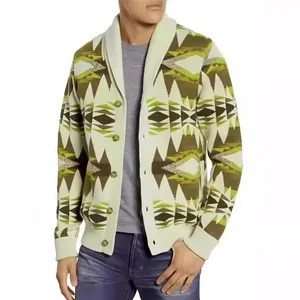 Stylische Herren Strickjacke mit geometrischem Muster und Schalkragen, lockere Passform