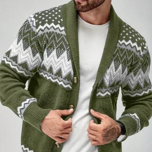Men's green shawl collar knit cardigan with geometric pattern over white t-shirt, casual