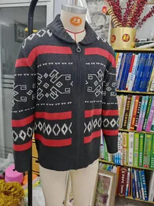 Men's knit cardigan jacket with geometric patterns and red stripes for winter wear