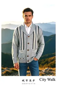 American retro shawl collar striped cardigan worn by model in outdoor mountain setting