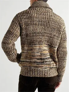Detailed back view of a men's chunky knit cardigan with earthy marled patterns.