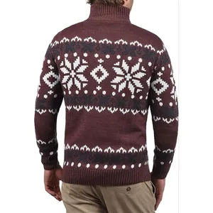 Maglione da uomo slim fit stile retrò con motivo a fiocchi di neve bordeaux e bianco