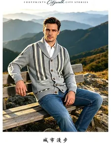 Stylish men's vintage shawl collar striped cardigan sweater in a grey jacquard