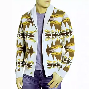 Modische Herren-Strickjacke mit geometrischem Muster, bequemem Schalkragen und Knöpfen