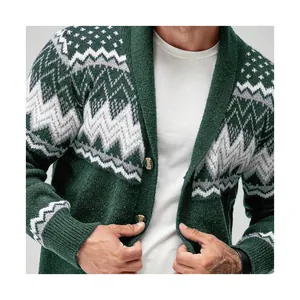 Stylish green men's knitted cardigan featuring a white geometric fair isle pattern for winter
