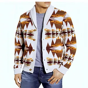 Herren-Strickjacke mit geometrischem Print, stilvollem Schalkragen und Knopfleiste