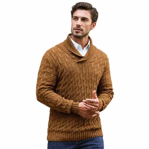 Ανδρικό Πλεκτό Πουλόβερ από Πολυεστέρα Slim Fit Γιακάς Σάλι Με Κουμπιά Γεωμετρικό Σχέδιο Ψαροκόκαλο Μακρύ Μανίκι