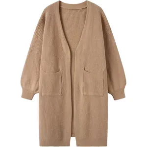 Damen Lange Strickjacke Strickpullover Lose Gerippt Offene Vorderseite Außenbekleidung Mit Taschen Lässig Herbst Winter Mode Strickwaren Top