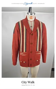 Detailed view of men's vintage orange shawl collar cardigan with jacquard stripes