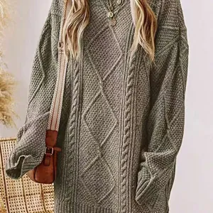 Pull oversize en maille torsadée kaki pour femme, style rétro japonais, coupe longue
