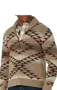 Close-up detail of men's retro geometric knitted cardigan featuring a stylish lapel and zipper