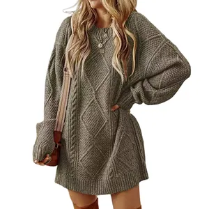 Robe pull chic oversize en maille torsadée vert olive pour femme, style vintage chic