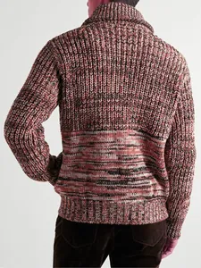Detailed back view of men's chunky space-dyed knit cardigan with thick ribbed texture