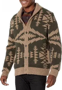 Detail shot of men's vintage knit cardigan with geometric Southwestern patterns