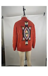 Detailed back view of an American vintage shawl collar jacquard knit cardigan sweater